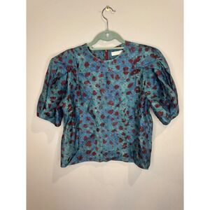 Ulla Johnson Puff Sleeve Patterned Top Blouse Teal Handprint Dot 4 Silk Cotton